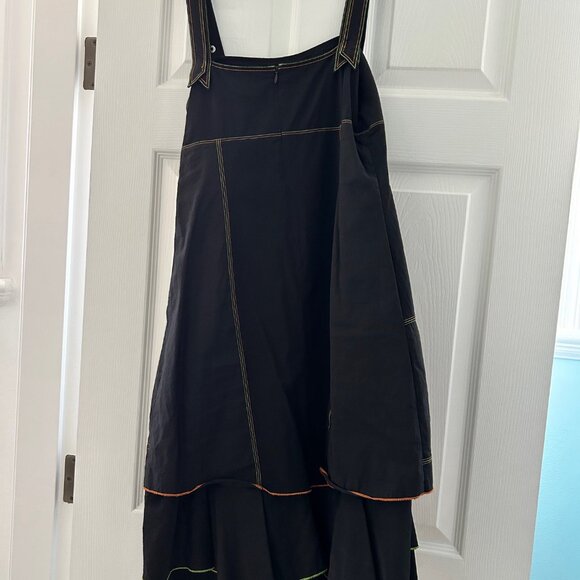 Unique black pinafore dress with orange and green stitching, ribbons & buttons - Picture 3 of 10